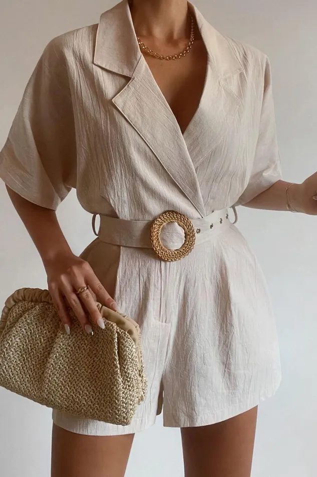 Thaisa Playsuit 8211 Short Sleeve Collared Belted Playsuit In Biscuit Women Showpo Rompers