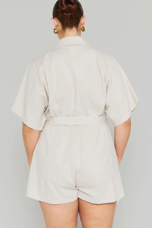 Thaisa Playsuit 8211 Short Sleeve Collared Belted Playsuit In Biscuit Women Showpo Rompers