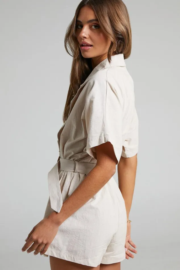 Thaisa Playsuit 8211 Short Sleeve Collared Belted Playsuit In Biscuit Women Showpo Rompers