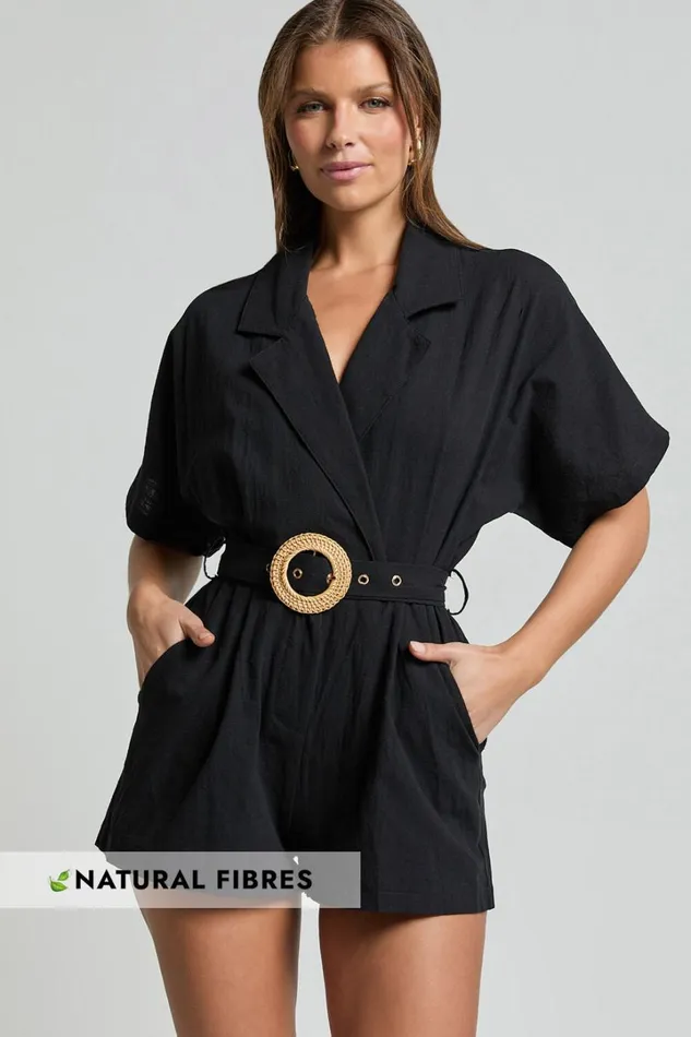 Thaisa Playsuit 8211 Short Sleeve Collared Belted Playsuit In Black Women Showpo Rompers Thaisa Playsuit 8211 Short Sleeve Collared Belted Playsuit In Black Women Showpo Rompers