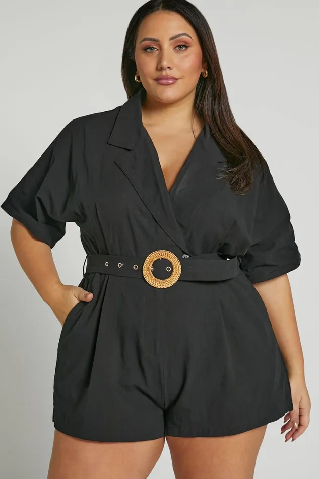 Thaisa Playsuit 8211 Short Sleeve Collared Belted Playsuit In Black Women Showpo Rompers