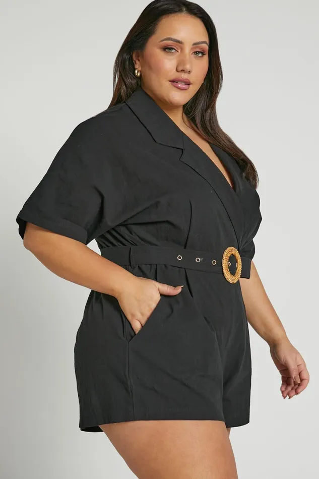 Thaisa Playsuit 8211 Short Sleeve Collared Belted Playsuit In Black Women Showpo Rompers