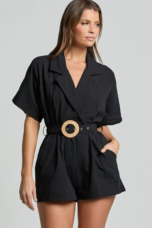 Thaisa Playsuit 8211 Short Sleeve Collared Belted Playsuit In Black Women Showpo Rompers