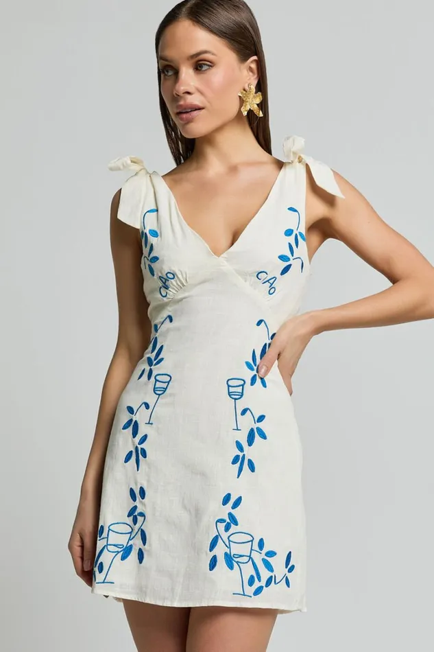 Tia Mini Dress 8211 Tie Strap Deep V Neck Shift Dress In Natural Women Showpo Dresses