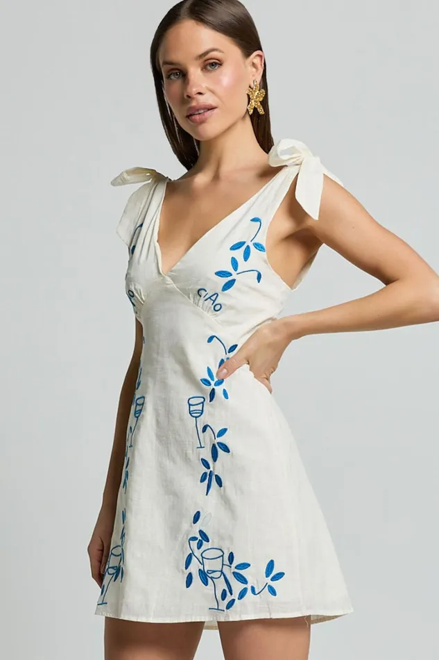 Tia Mini Dress 8211 Tie Strap Deep V Neck Shift Dress In Natural Women Showpo Dresses