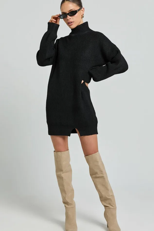 Tianna Mini Dress 8211 Knitted Side Split Jumper Dress In Black Women Showpo Knitwear