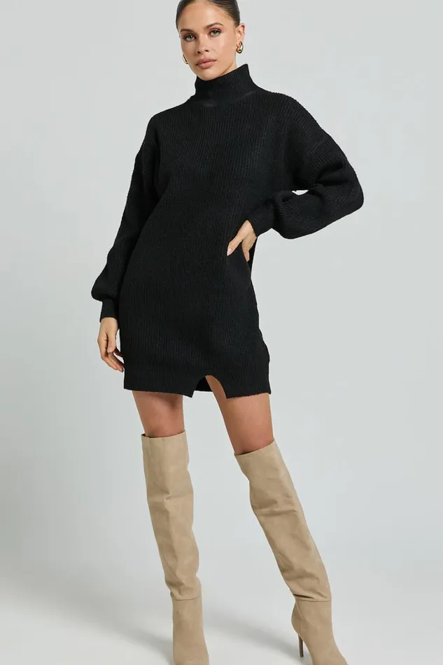Tianna Mini Dress 8211 Knitted Side Split Jumper Dress In Black Women Showpo Knitwear