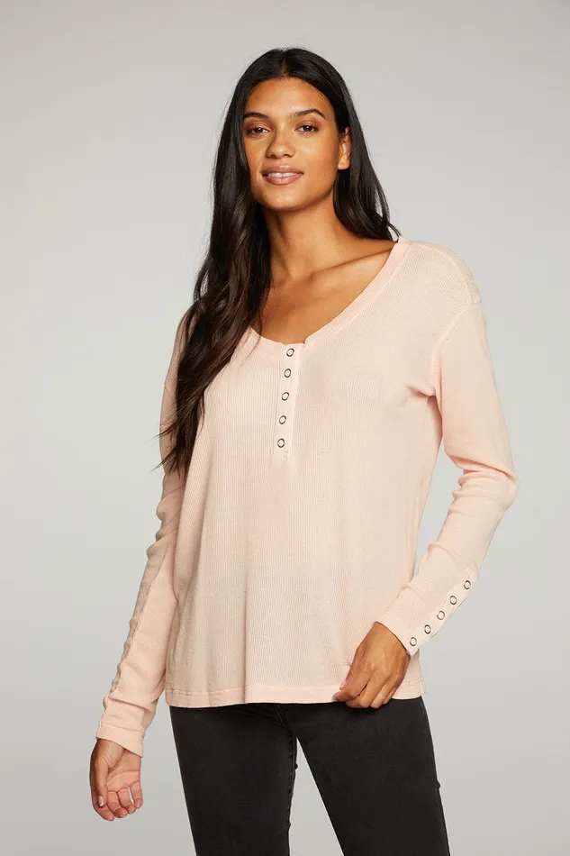 Tops Chaser Brand Womens Heritage Waffle Long Sleeve Scoop Neck Henley With Snaps