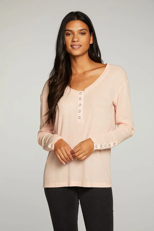 Tops Chaser Brand Womens Heritage Waffle Long Sleeve Scoop Neck Henley With Snaps