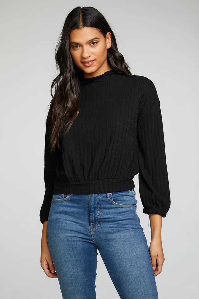 Tops Chaser Brand Womens Poor Boy Rib Bishop Sleeve Drop Shoulder Mock Neck Pullover