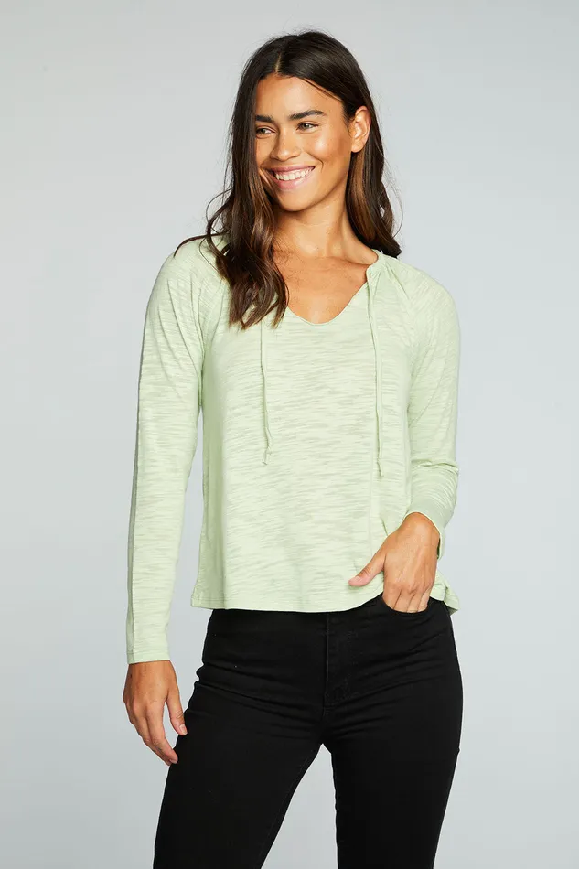 Tops Chaser Brand Womens Slub Jersey Shirred Long Sleeve Split Neck Resort Top