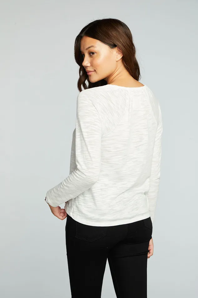 Tops Chaser Brand Womens Slub Jersey Shirred Long Sleeve Split Neck Resort Top
