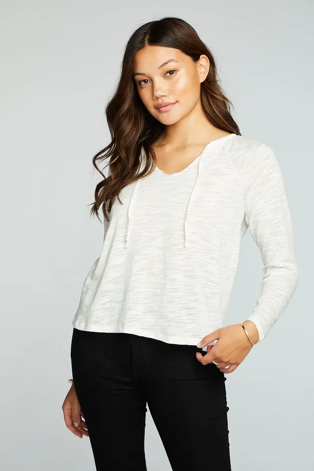 Tops Chaser Brand Womens Slub Jersey Shirred Long Sleeve Split Neck Resort Top