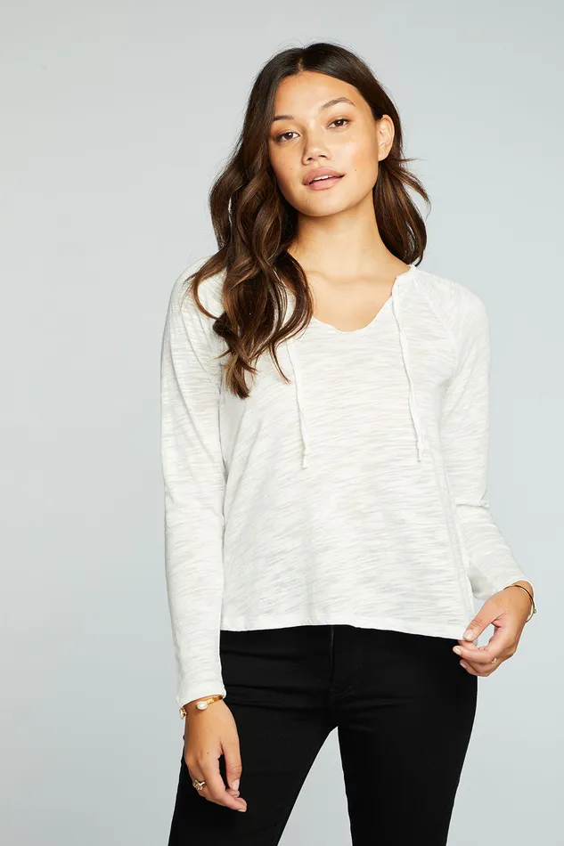 Tops Chaser Brand Womens Slub Jersey Shirred Long Sleeve Split Neck Resort Top