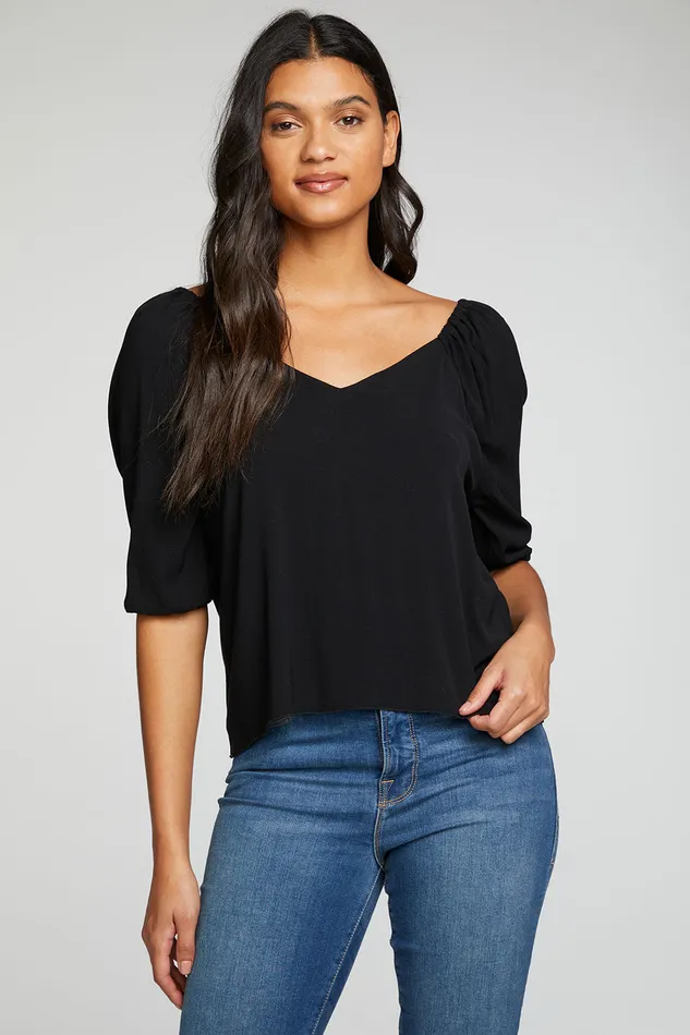 Tops Heirloom Wovens Shirred Sleeve Double V Flouncy Top Chaser Brand Womens