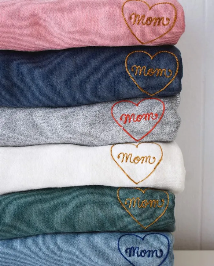 Tops Women039s The Great The Mom Embroidered College Sweatshirt Varsity Grey With Red