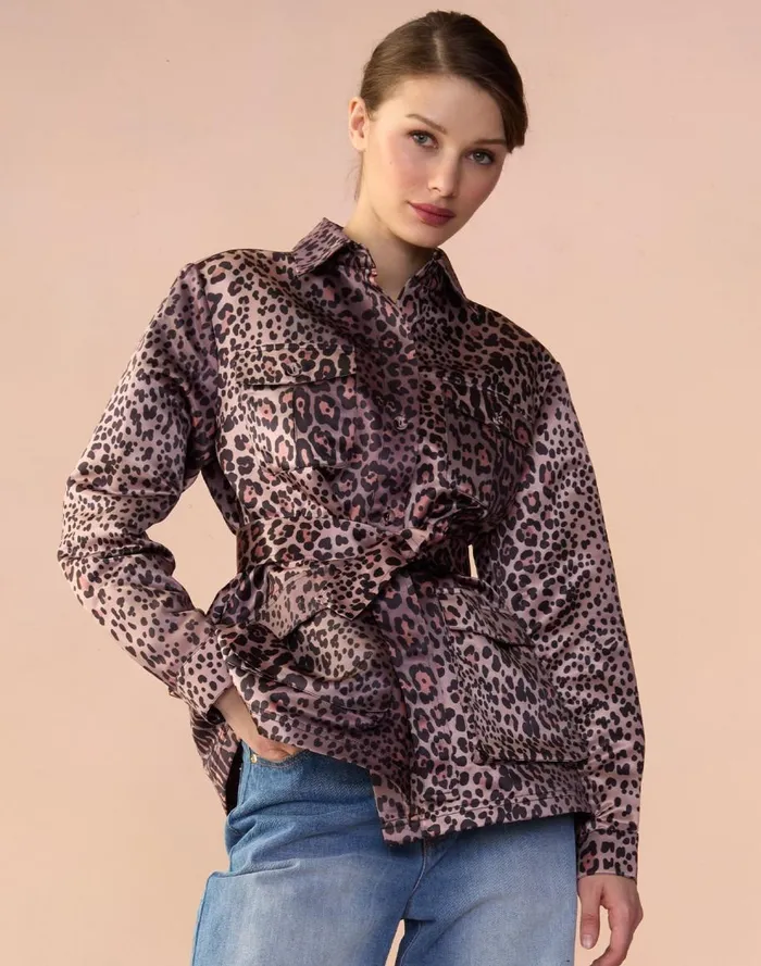 Tops Women Cynthia Rowley Leopardess Satin Safari Jacket