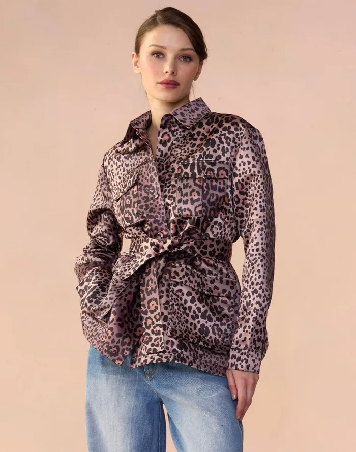 Tops Women Cynthia Rowley Leopardess Satin Safari Jacket
