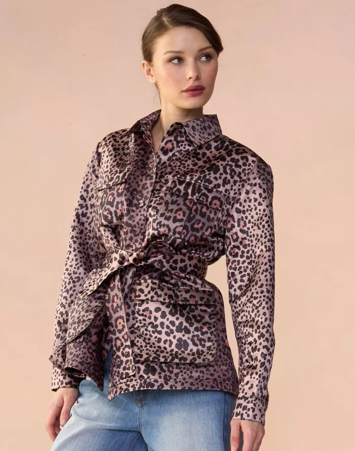 Tops Women Cynthia Rowley Leopardess Satin Safari Jacket