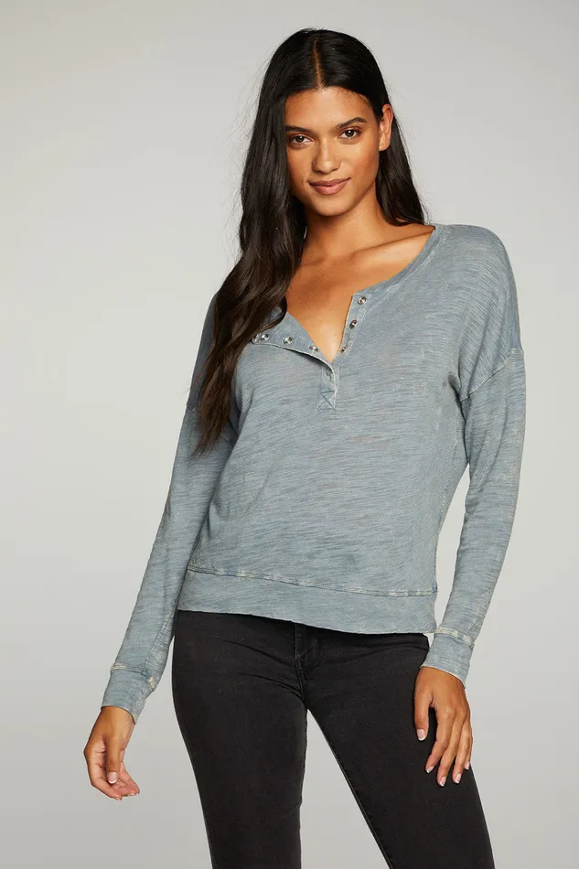 Tops Womens Chaser Brand Slub Jersey Long Sleeve Henley With Cuffs