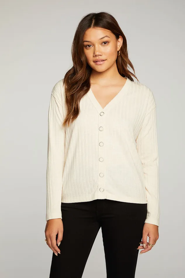 Tops Womens Poor Boy Rib Long Sleeve Button Down Tee Chaser Brand