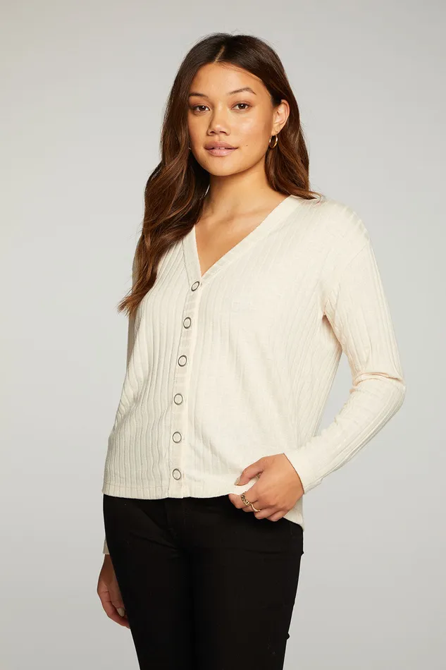 Tops Womens Poor Boy Rib Long Sleeve Button Down Tee Chaser Brand
