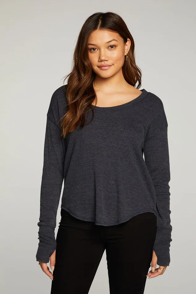 Triblend Rib Long Sleeve Scoop Neck Shirttail Tee With Thumbhole Womens Loungewear Chaser Brand