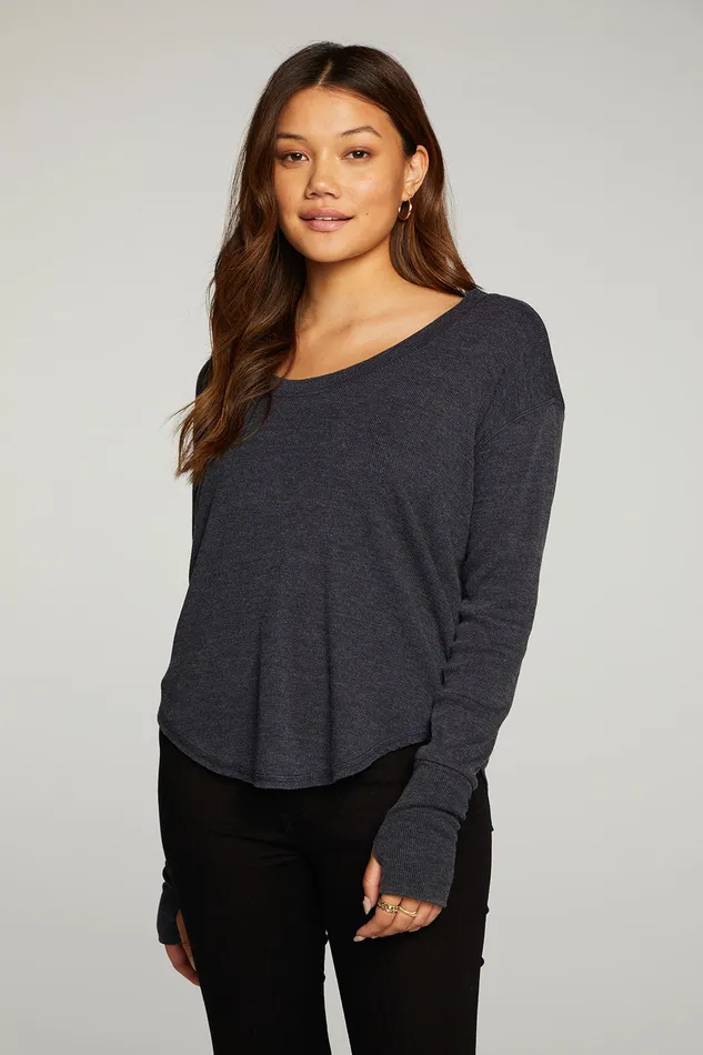 Triblend Rib Long Sleeve Scoop Neck Shirttail Tee With Thumbhole Womens Loungewear Chaser Brand