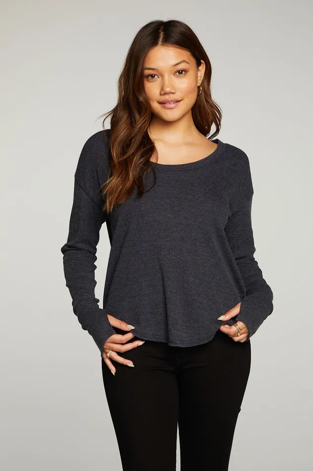 Triblend Rib Long Sleeve Scoop Neck Shirttail Tee With Thumbhole Womens Loungewear Chaser Brand