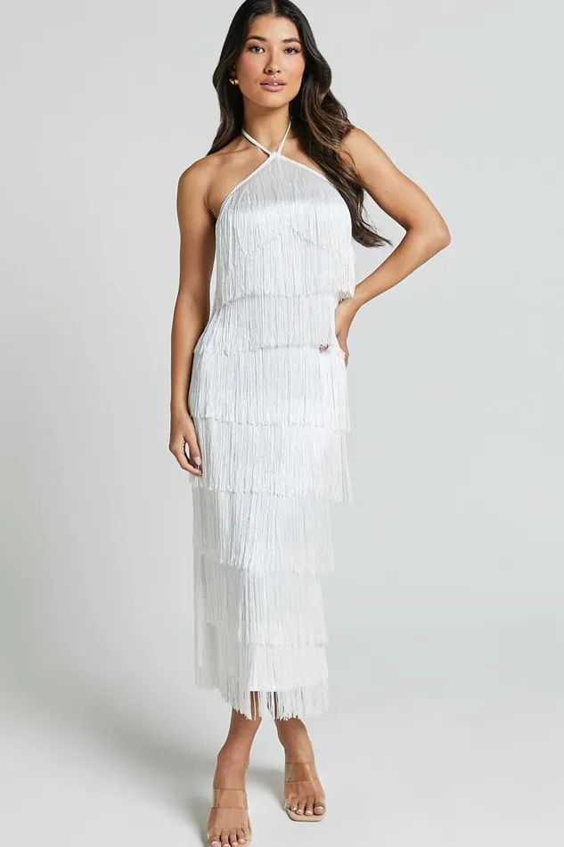 Trixie Maxi Dress 8211 Diamond Halter Neck Fringe Tiered Dress In White Women Showpo Dresses Trixie Maxi Dress 8211 Diamond Halter Neck Fringe Tiered Dress In White Women Showpo Dresses