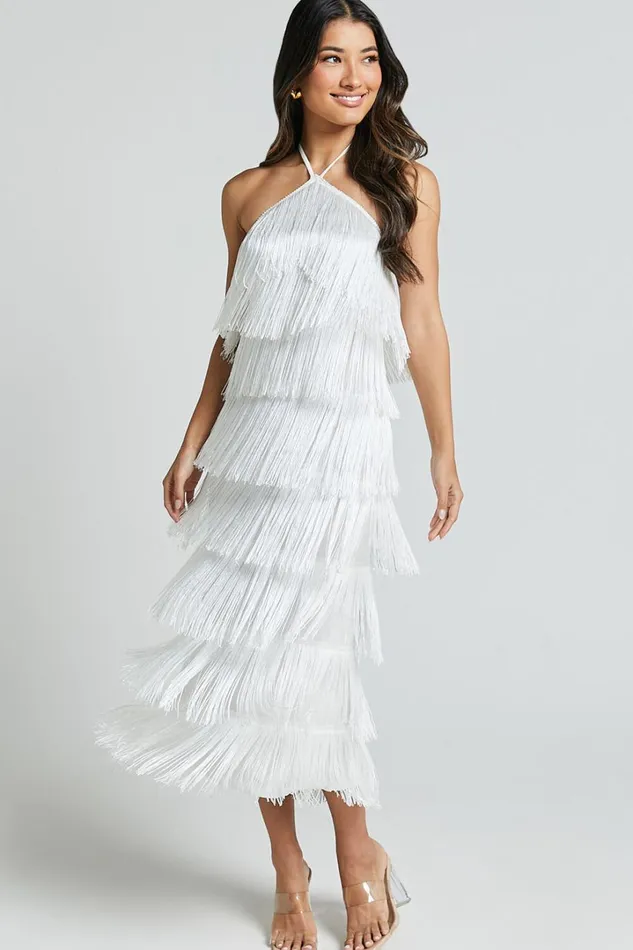 Trixie Maxi Dress 8211 Diamond Halter Neck Fringe Tiered Dress In White Women Showpo Dresses