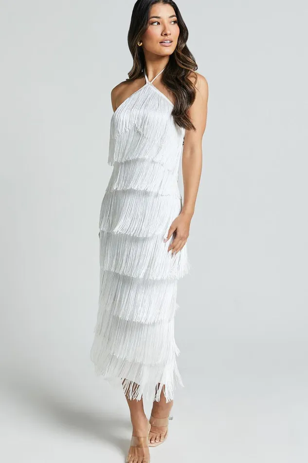Trixie Maxi Dress 8211 Diamond Halter Neck Fringe Tiered Dress In White Women Showpo Dresses
