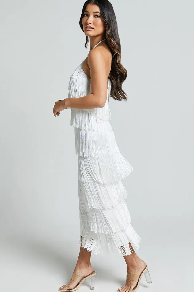 Trixie Maxi Dress 8211 Diamond Halter Neck Fringe Tiered Dress In White Women Showpo Dresses