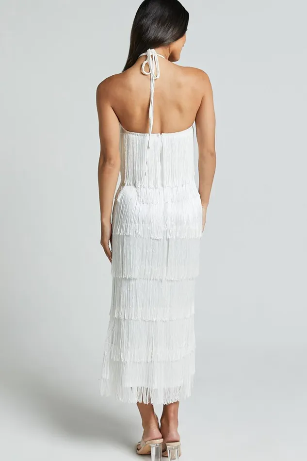 Trixie Maxi Dress 8211 Diamond Halter Neck Fringe Tiered Dress In White Women Showpo Dresses
