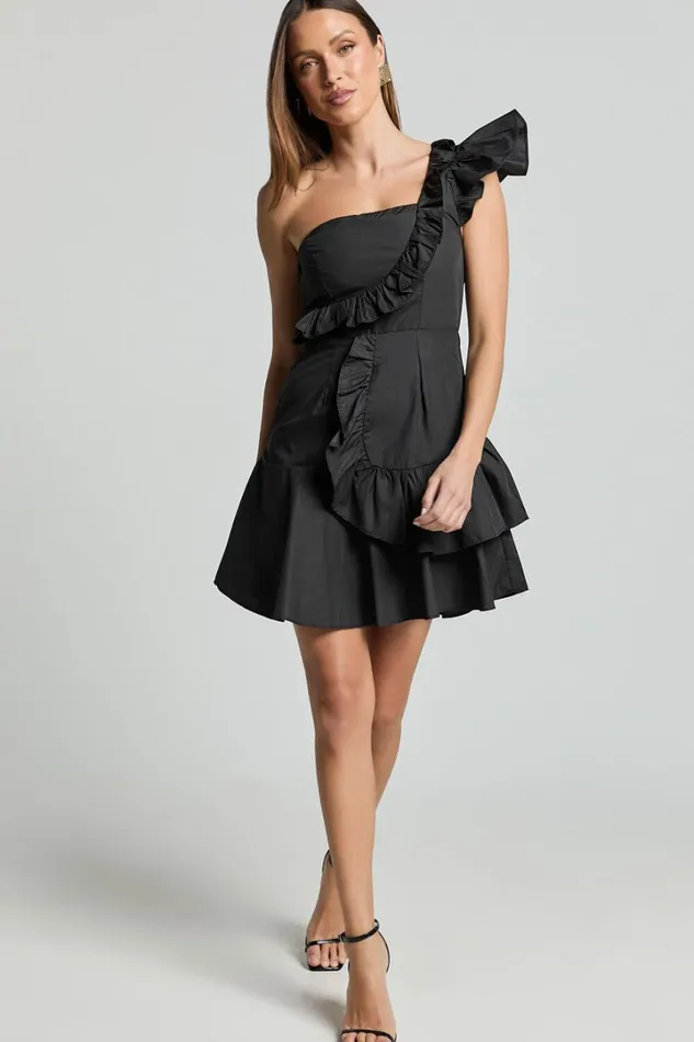 Valerie Mini Dress 8211 One Shoulder Ruffle Detail A Line Dress In Black Women Showpo Dresses