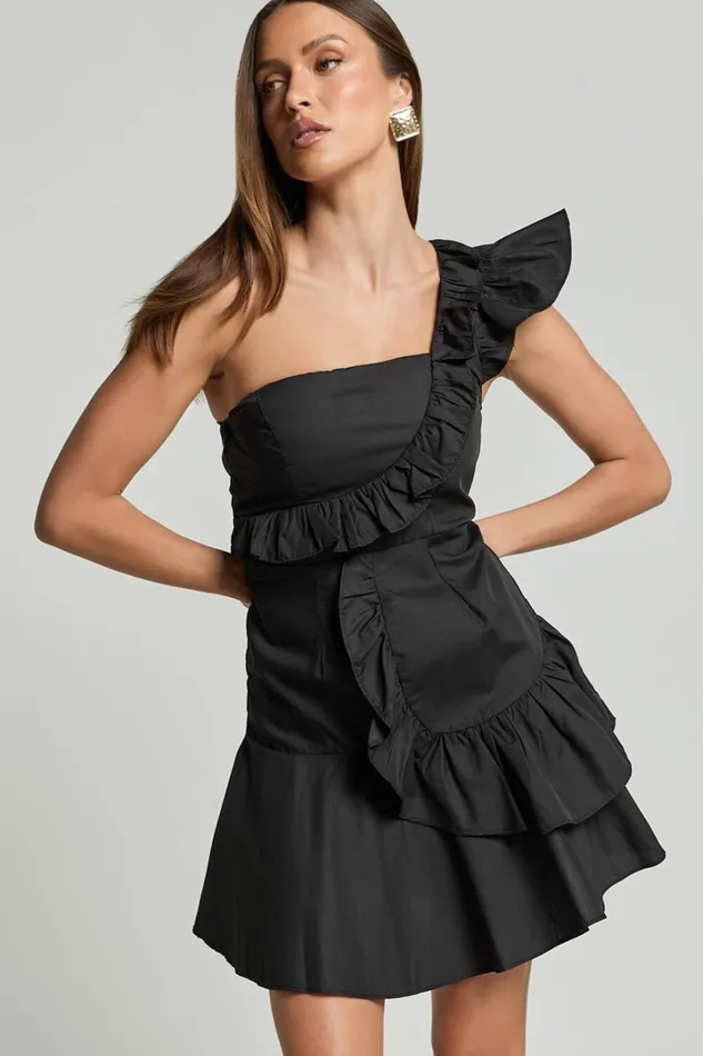 Valerie Mini Dress 8211 One Shoulder Ruffle Detail A Line Dress In Black Women Showpo Dresses