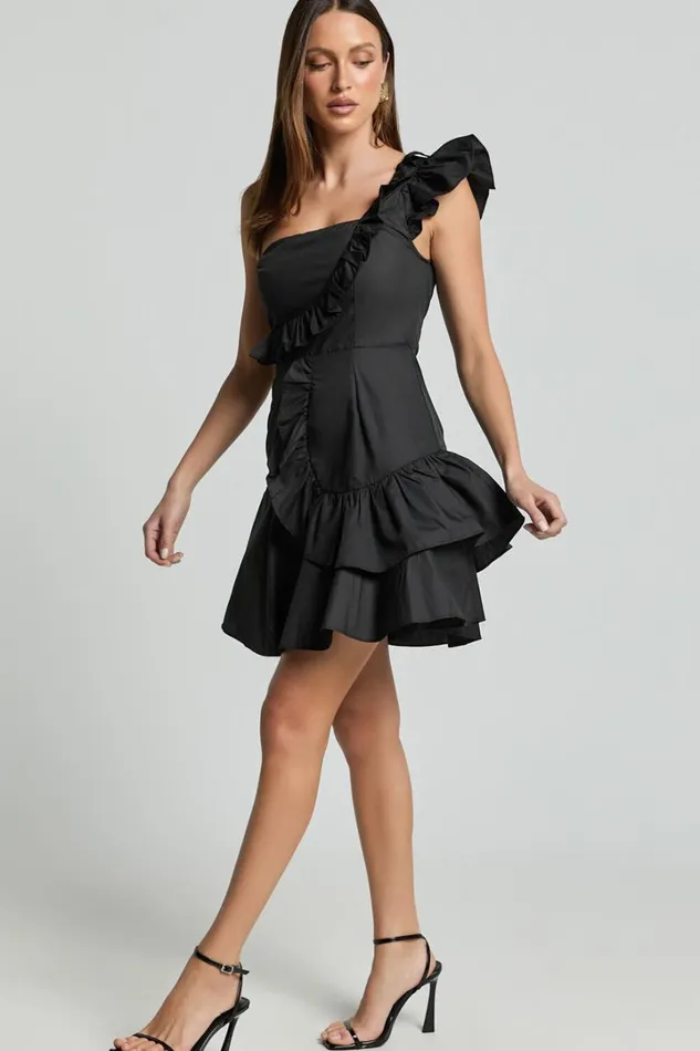 Valerie Mini Dress 8211 One Shoulder Ruffle Detail A Line Dress In Black Women Showpo Dresses