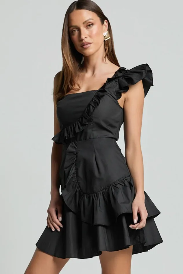 Valerie Mini Dress 8211 One Shoulder Ruffle Detail A Line Dress In Black Women Showpo Dresses