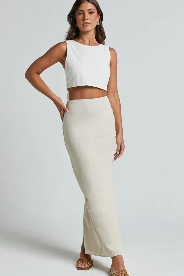 Vance Maxi Skirt 8211 Linen Look Back Split Skirt In Oat Women Showpo Curve Clothes
