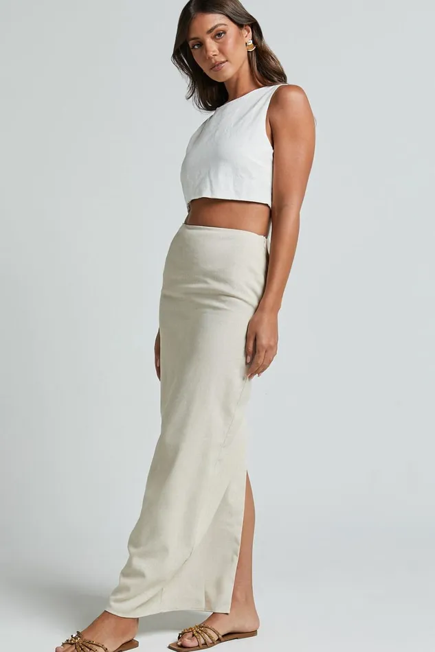 Vance Maxi Skirt 8211 Linen Look Back Split Skirt In Oat Women Showpo Curve Clothes