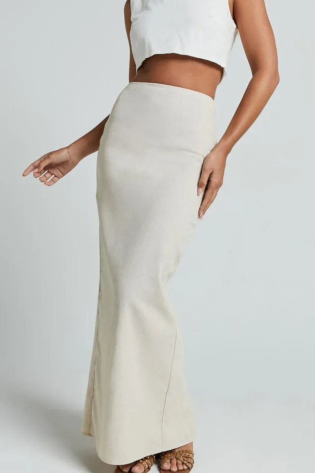 Vance Maxi Skirt 8211 Linen Look Back Split Skirt In Oat Women Showpo Curve Clothes