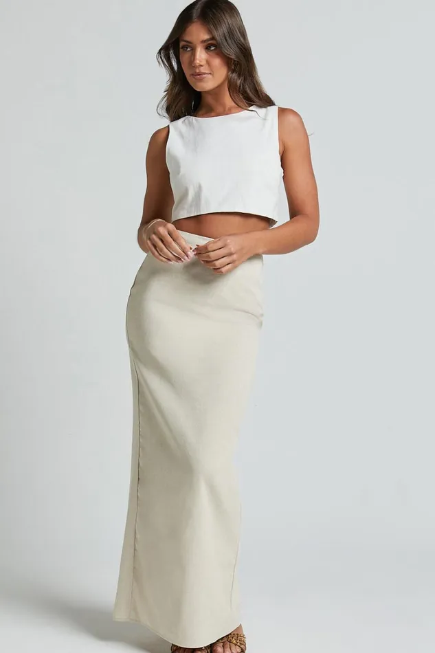 Vance Maxi Skirt 8211 Linen Look Back Split Skirt In Oat Women Showpo Curve Clothes
