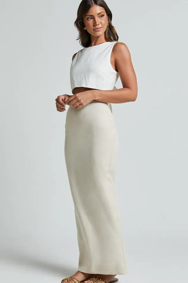Vance Maxi Skirt 8211 Linen Look Back Split Skirt In Oat Women Showpo Curve Clothes