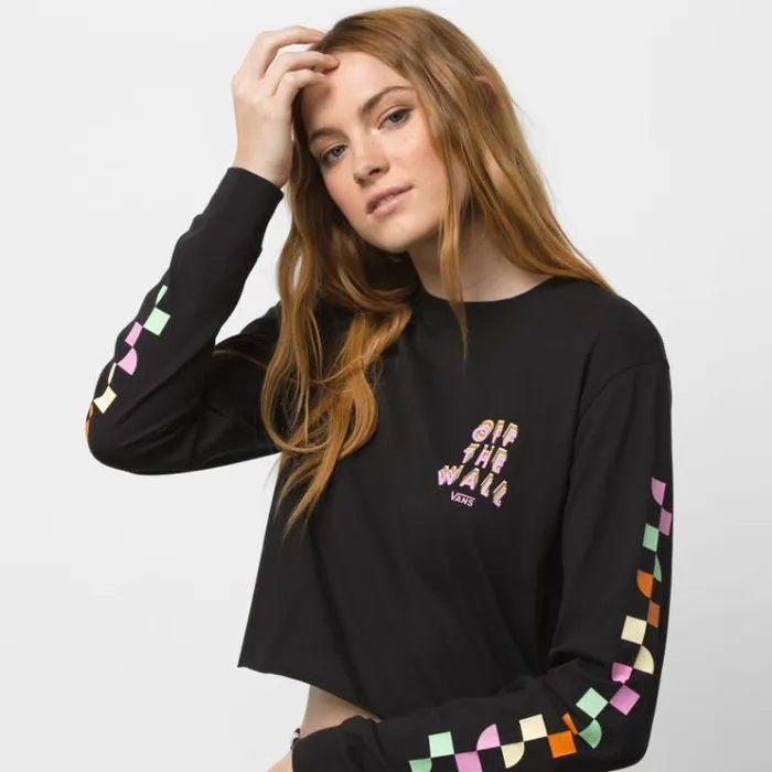 Vans Reign Marker Crop Long Sleeve Boyfriend Tee Black Womens TShirts and Tanks