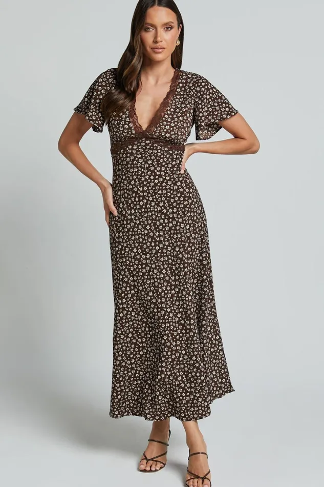 Vanya Midi Dress 8211 V Neck Short Sleeve Lace Trim Tie Back Slip Dress In Chocolate Floral Women Showpo Dresses Vanya Midi Dress 8211 V Neck Short Sleeve Lace Trim Tie Back Slip Dress In Chocolate Floral Women Showpo Dresses