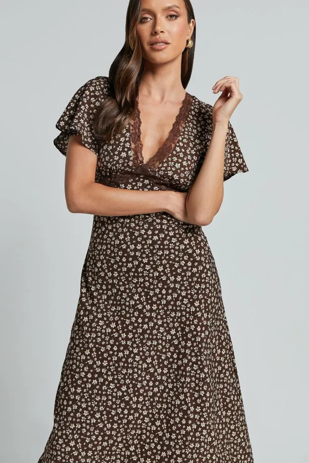 Vanya Midi Dress 8211 V Neck Short Sleeve Lace Trim Tie Back Slip Dress In Chocolate Floral Women Showpo Dresses