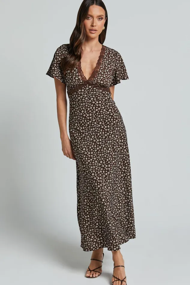 Vanya Midi Dress 8211 V Neck Short Sleeve Lace Trim Tie Back Slip Dress In Chocolate Floral Women Showpo Dresses