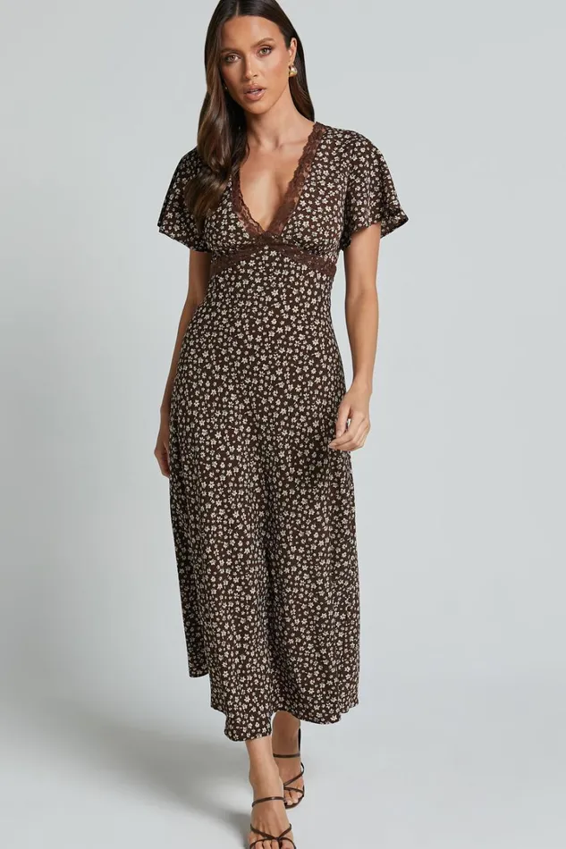 Vanya Midi Dress 8211 V Neck Short Sleeve Lace Trim Tie Back Slip Dress In Chocolate Floral Women Showpo Dresses