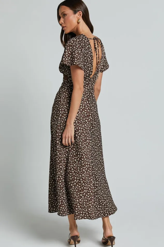 Vanya Midi Dress 8211 V Neck Short Sleeve Lace Trim Tie Back Slip Dress In Chocolate Floral Women Showpo Dresses