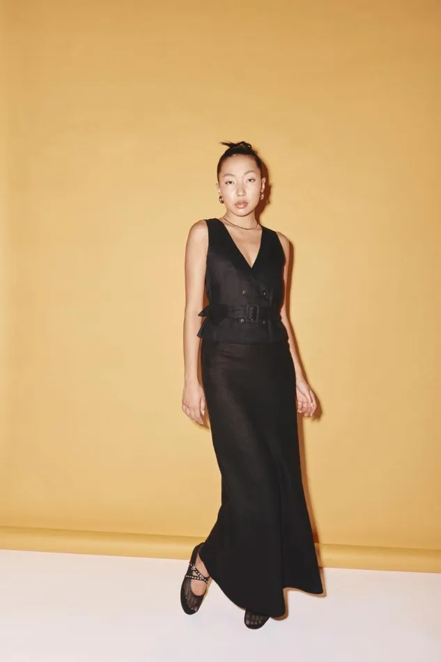 VRG GRL Ena Linen Bias Cut Maxi Skirt Black Women Skirts